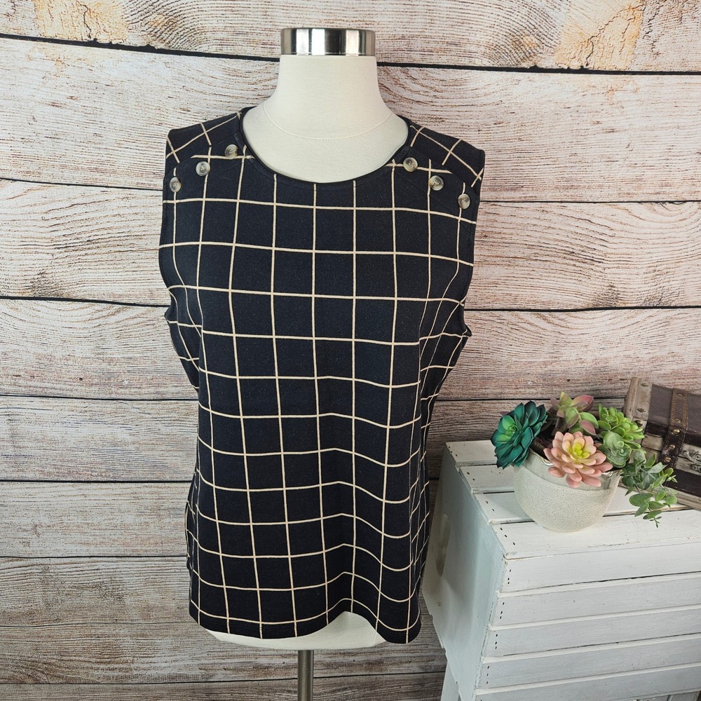 Ann Taylor Petite XLP Black Windowpane Grid Sleeveless Shell Blouse